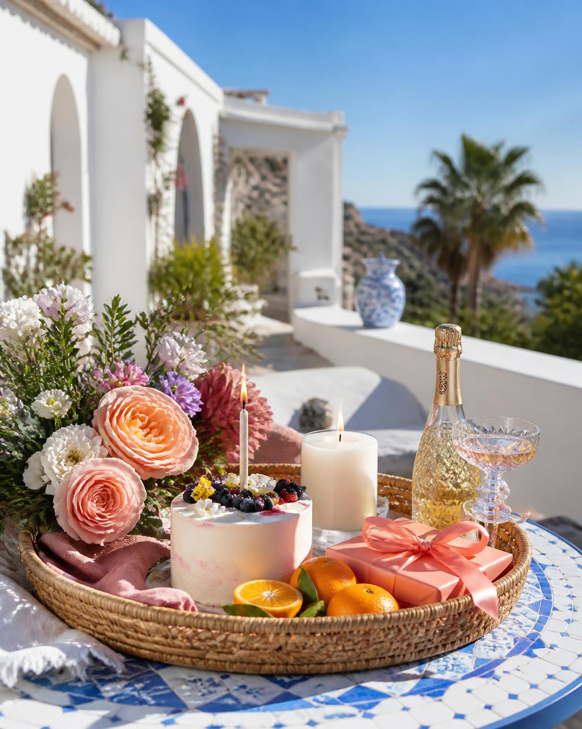 Celebration gift basket with a mini cake, flowers and a sparkling drink
