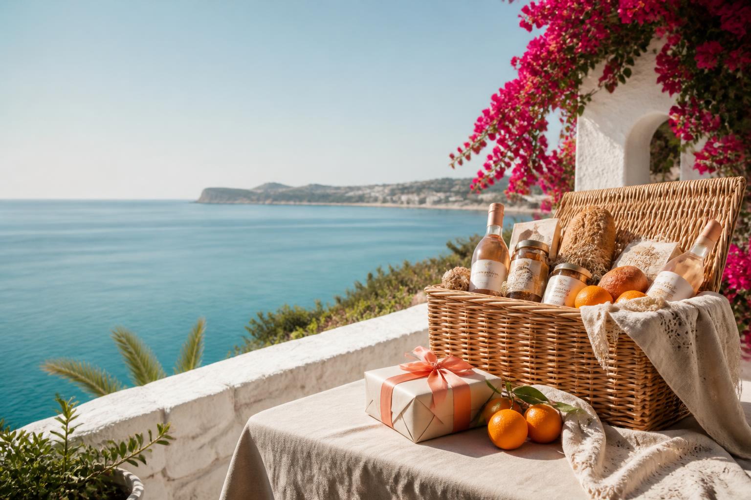 A wicker gift hamper on a sunlit Jávea terrace overlooking the sea