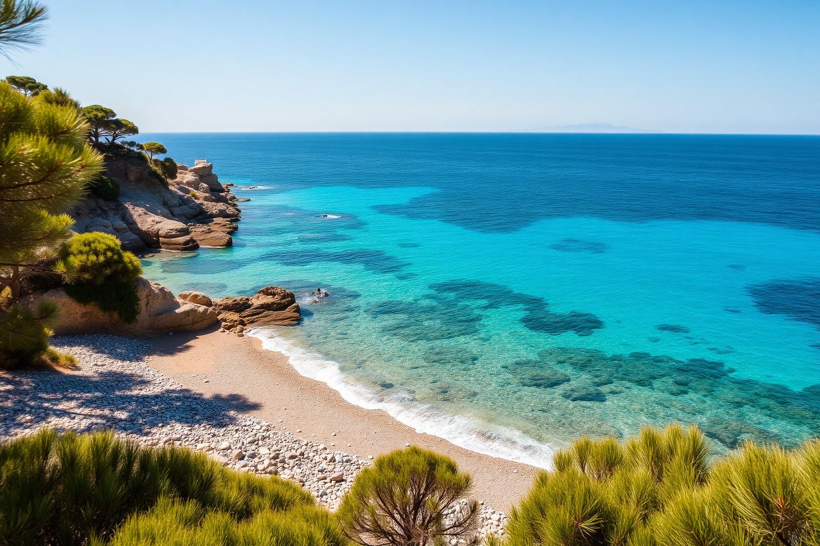 Turquoise cove with pebbles and pine trees on the Jávea coastline