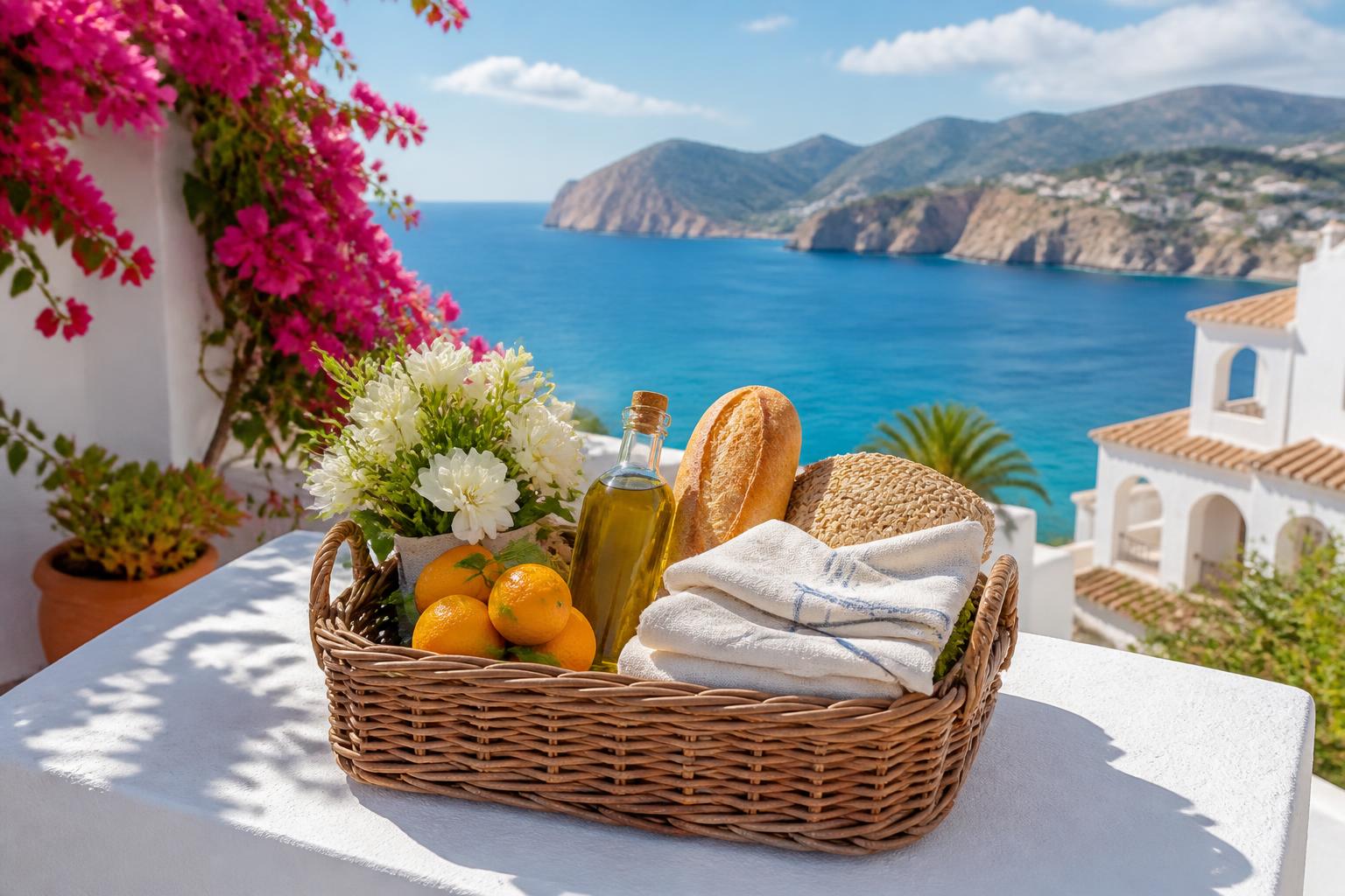 Welcome basket filled with local products overlooking Jávea's coast