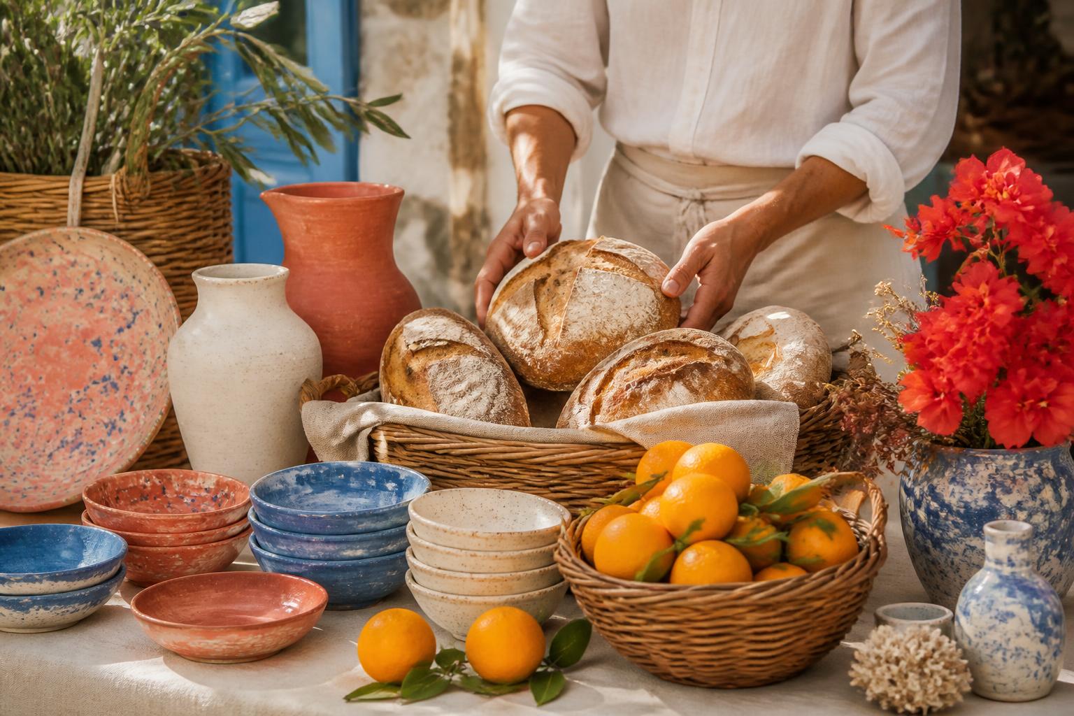 A local maker arranging bread, ceramics and oranges at a Jávea market