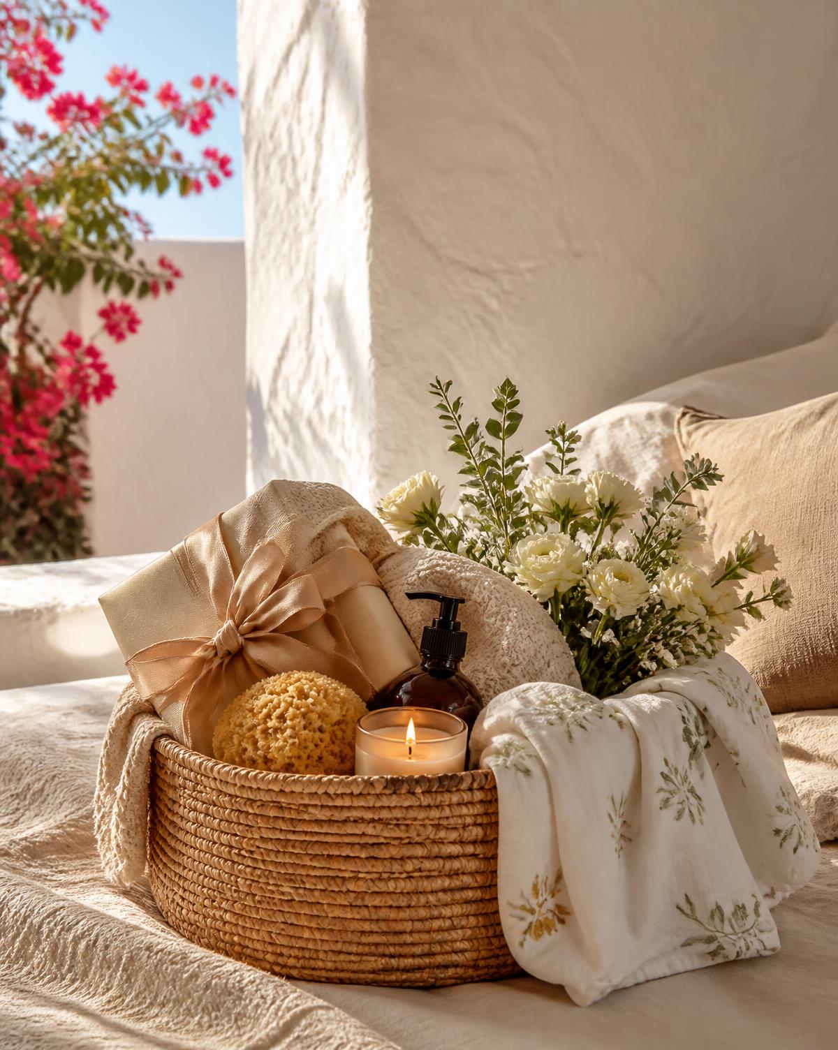 Mum and baby gift basket with a soft blanket, candle and seasonal flowers